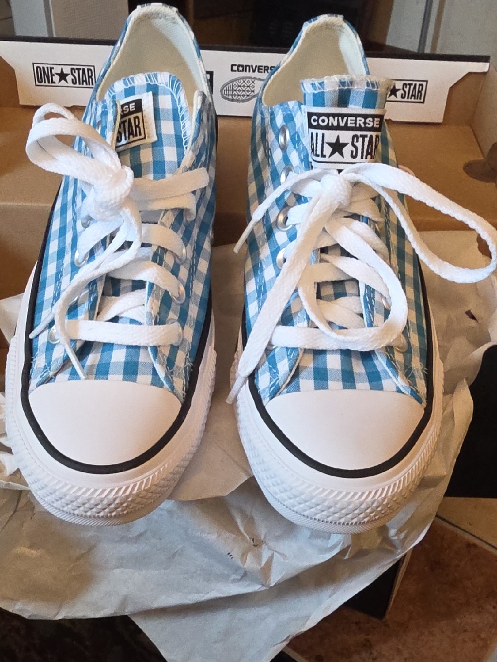 Converse All-Star Women's / Kids Low Top Sneakers - Blue Gingham and White